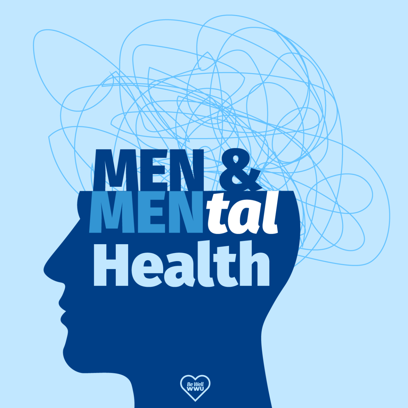blue silhouette of a head with the words Men & Mental Health