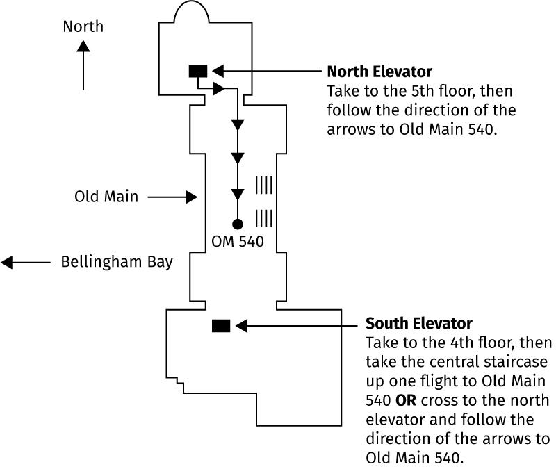 Map through the 5th floor of Old Main indicating routes to the CWC